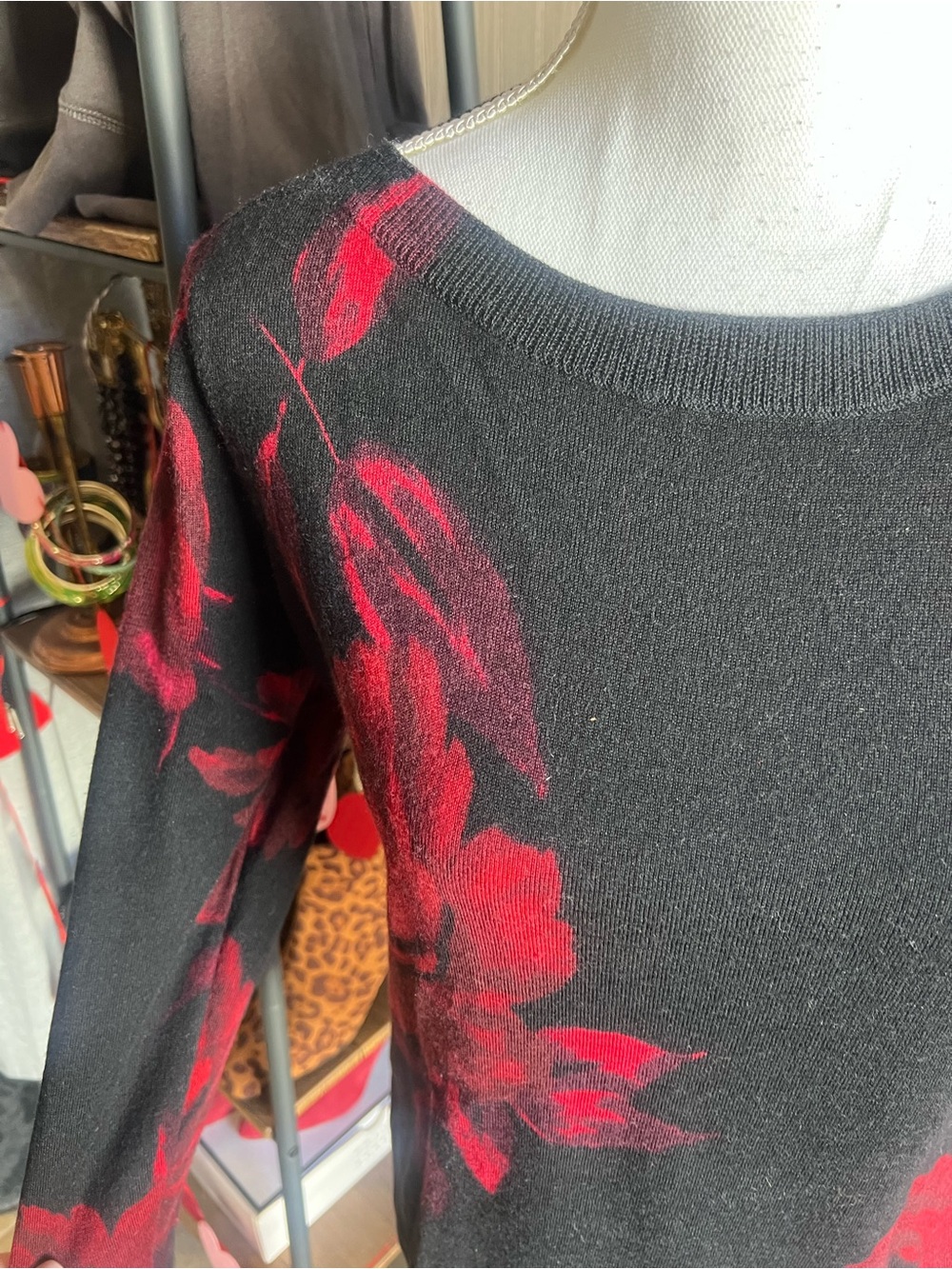 Talbots Merino Wool Black Sweater with Red Floral Print - Crew Neck - Picture 4 of 7